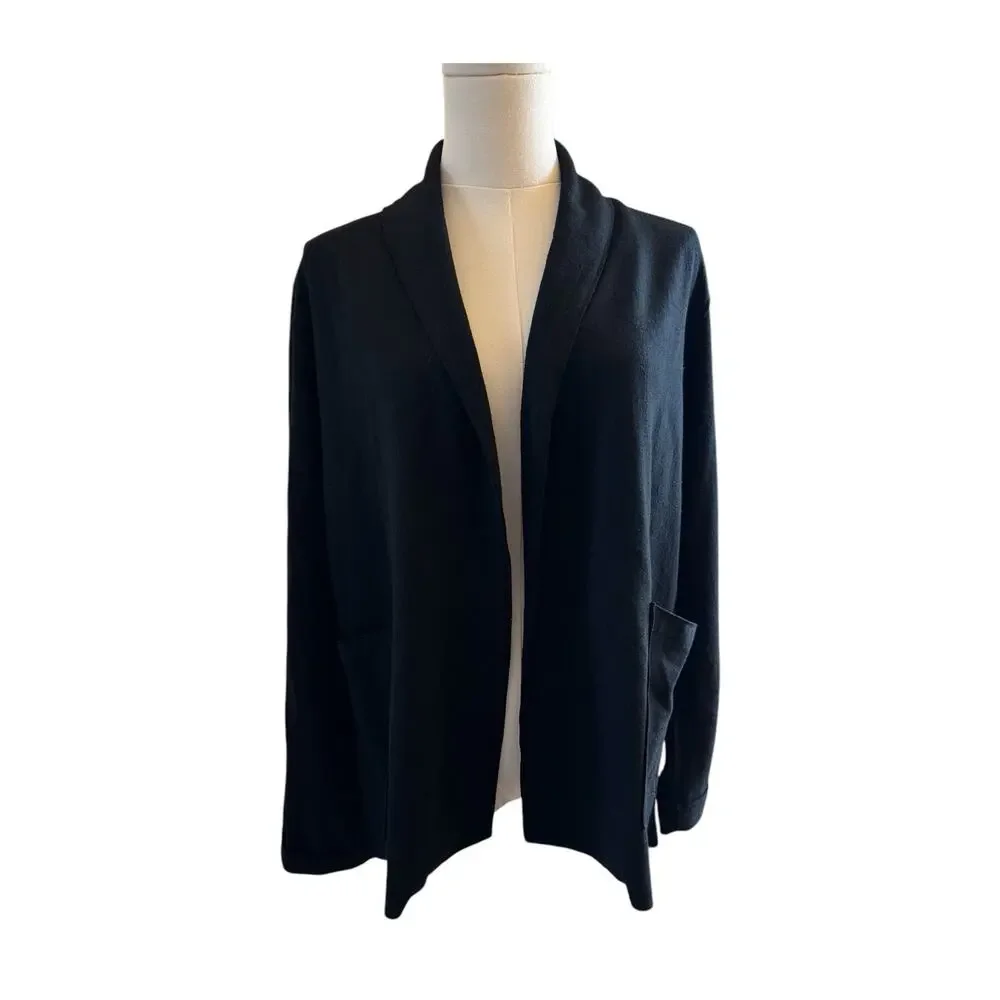 Eileen Fisher 100% Wool Black Open Front Blazer Jacket Coat XS Classic Minimal